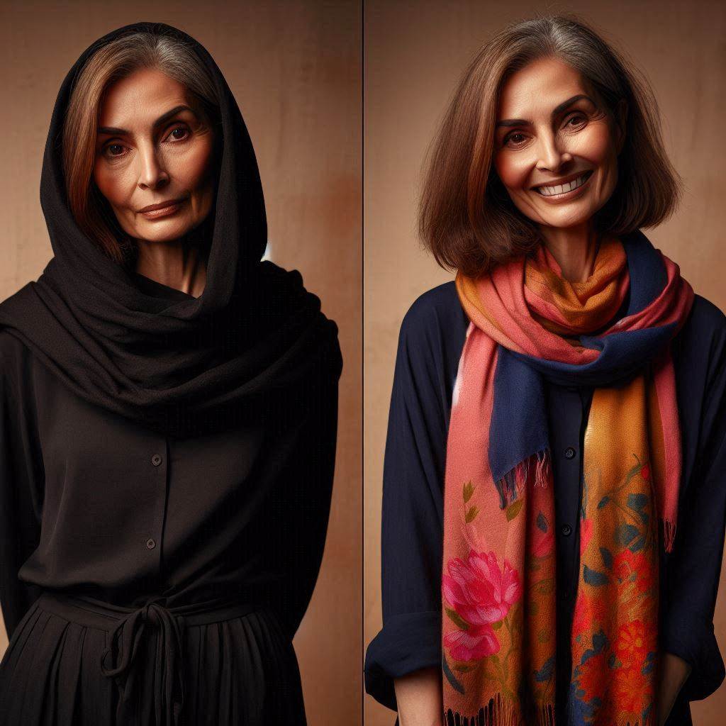 These Style Mistakes Are Aging You – Change It Now! Style comparison of woman over 40 in black vs navy with scarf
