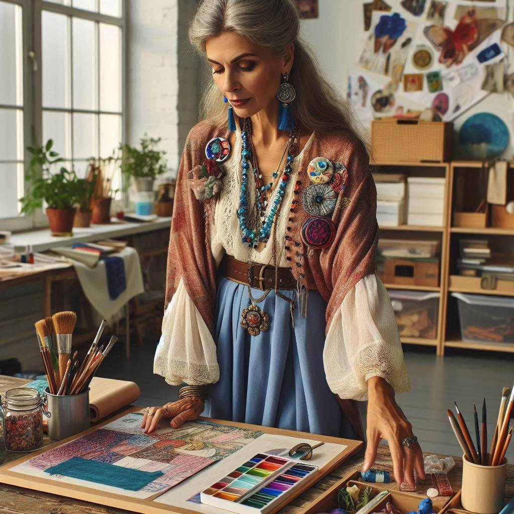 Say Goodbye to Boring Teacher Outfits Over 40 Creative teacher over 40 in flowing fabrics and unique accessories, representing the art-room muse.