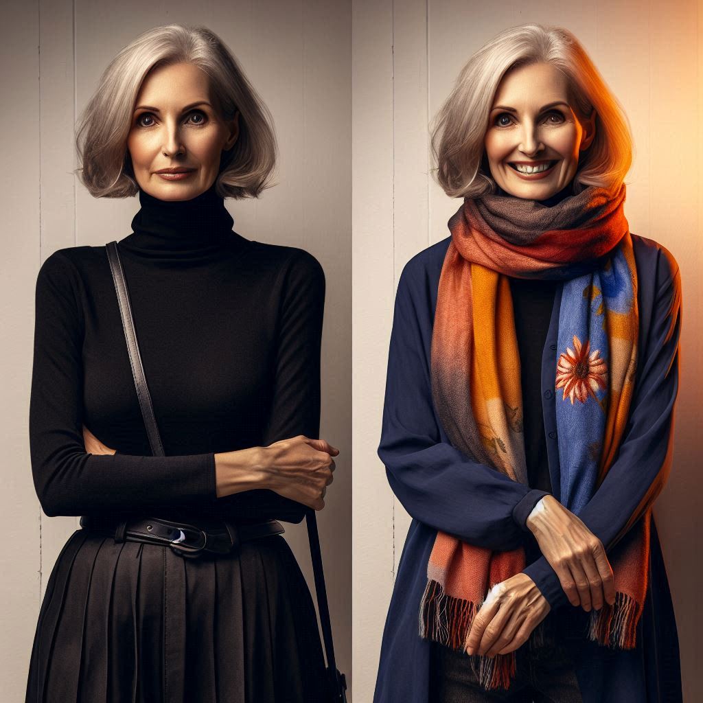 These Style Mistakes Are Aging You – Change It Now! Woman over 40 in outdated blouse next to modern tailored look
