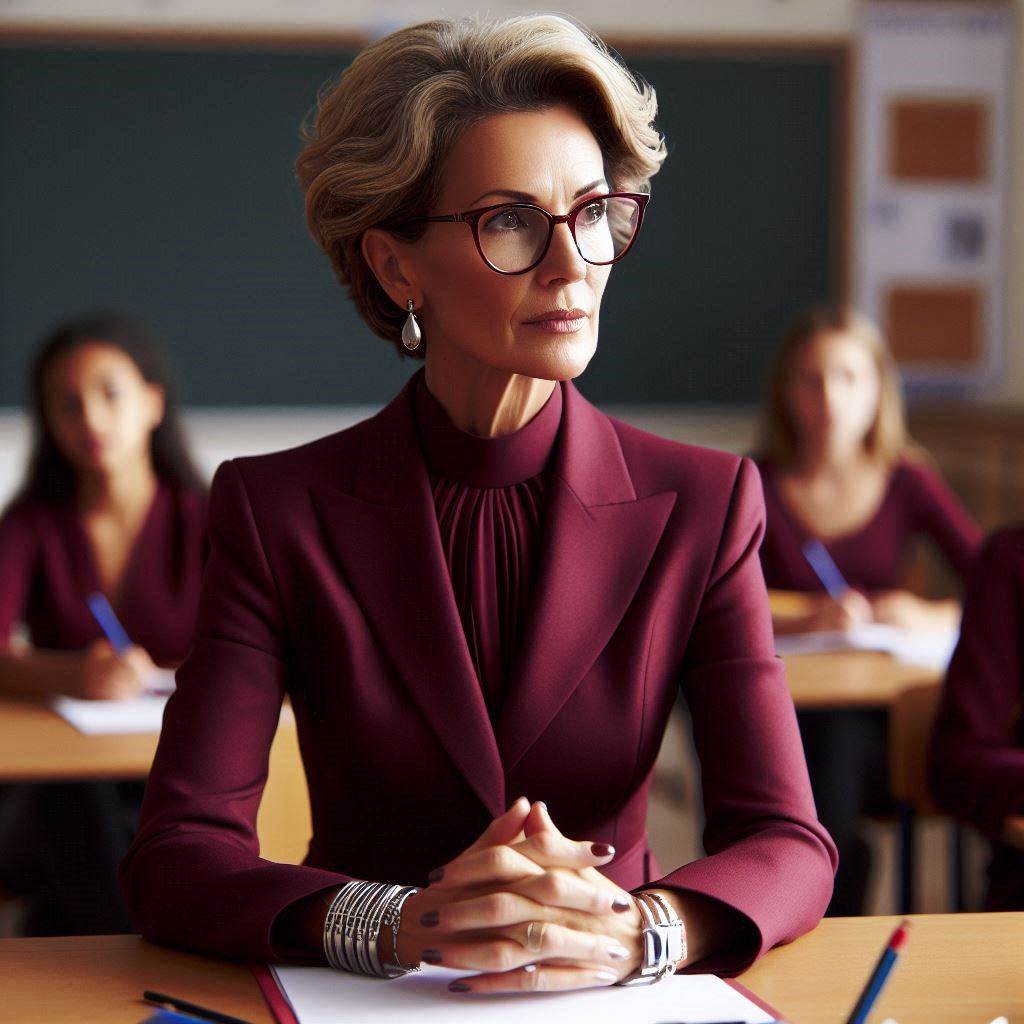 Say Goodbye to Boring Teacher Outfits Over 40 Confident teacher over 40 in a monochrome burgundy ensemble, reflecting bold decision-making.