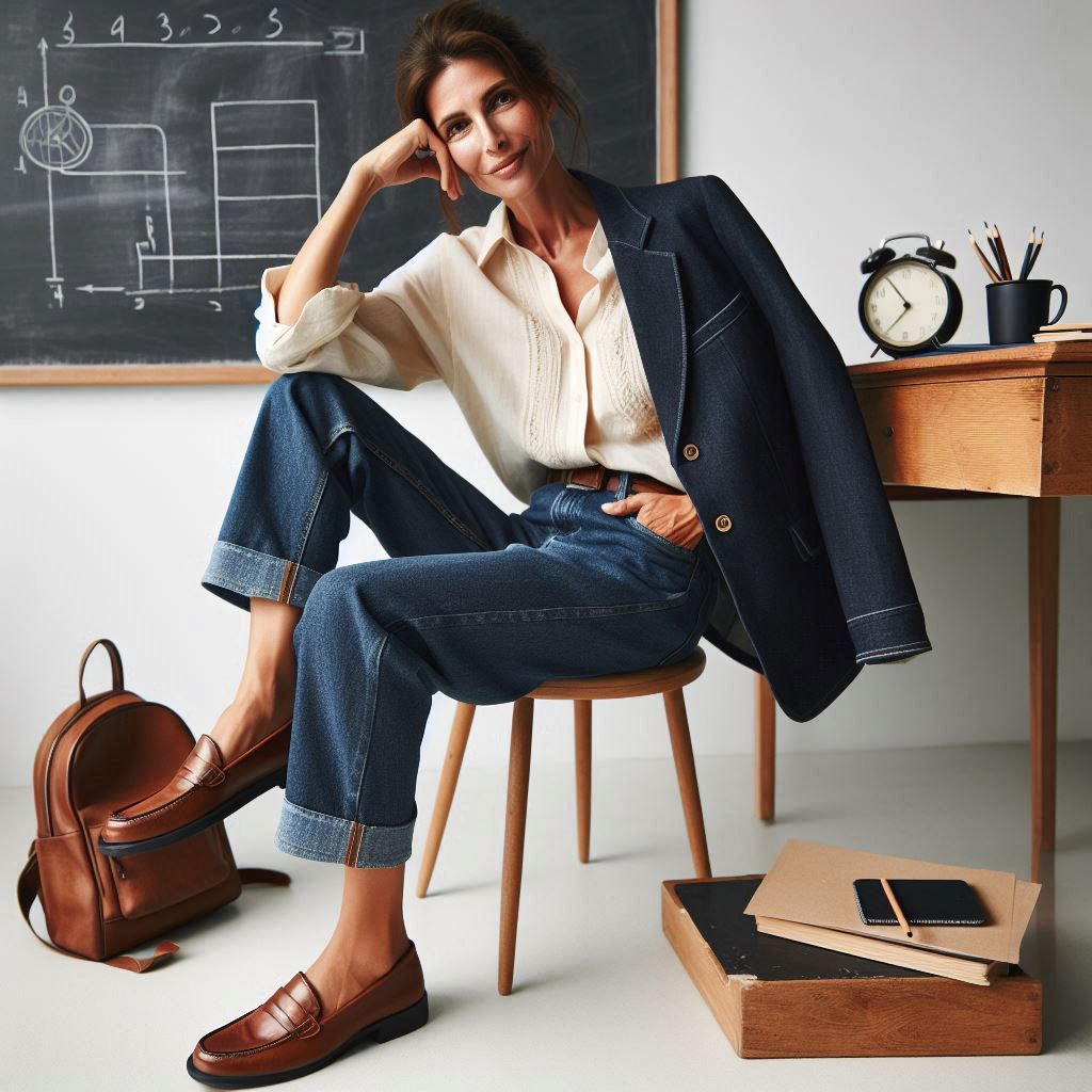 Say Goodbye to Boring Teacher Outfits Over 40 Stylish teacher over 40 in dark-wash jeans and a relaxed blazer, perfect for casual Friday.