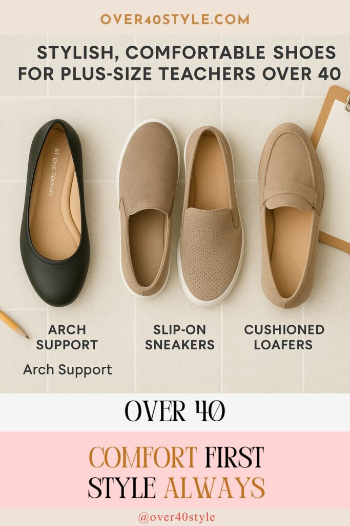 5 Summer Style Solutions for Plus-Size Teachers Over 40 Comfortable arch-support shoes for plus-size teachers over 40, including slip-on sneakers, cushioned flats, and low-heel loafers arranged for comparison