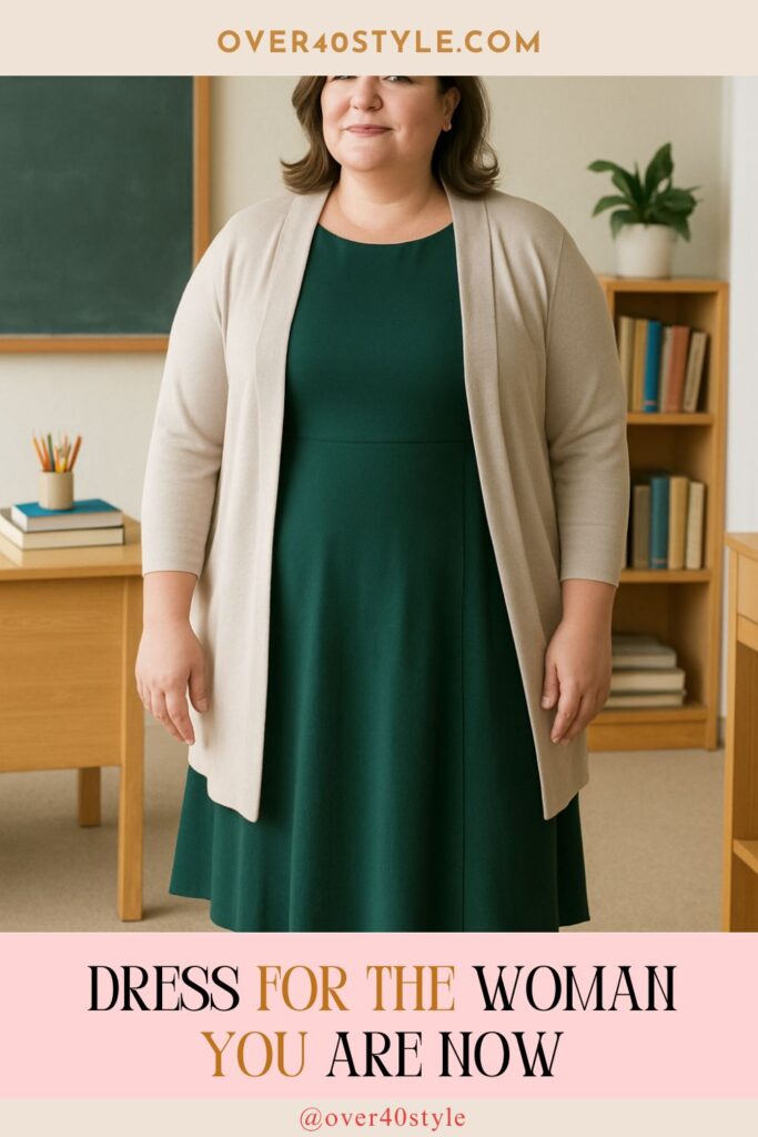 5 Summer Style Solutions for Plus-Size Teachers Over 40 Confident plus-size woman over 40 standing in a modern outfit, symbolizing wardrobe evolution and self-acceptance for teachers