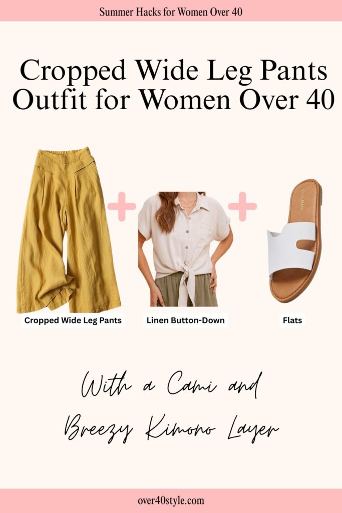 12 Effortless Wide Leg Pants Outfits for a Hot Summer Over 40 Flat lay of a summer outfit with cropped wide leg pants, a tied linen button-down shirt, and simple flats styled for confident women over 40.