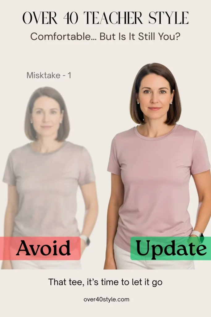 Female teacher over 40 wearing a visibly faded and stretched-out summer T-shirt, standing with a subtle sad expression. This image represents a common summer clothing mistake — holding onto worn clothes that no longer reflect confidence or professionalism. Useful for articles about style tips for teachers over 40 and refreshing outdated wardrobes.