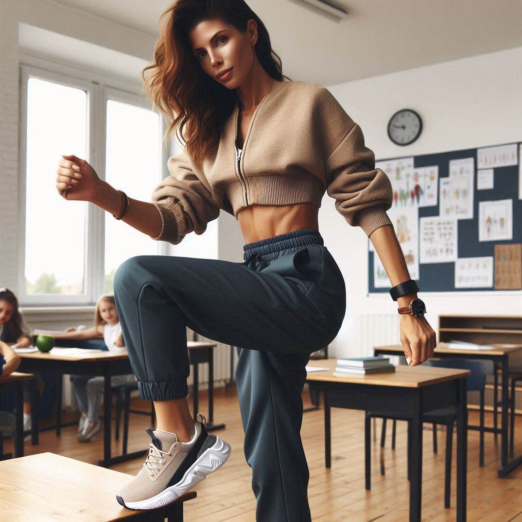 Say Goodbye to Boring Teacher Outfits Over 40 Active teacher over 40 in tailored joggers and a zip-up top, highlighting fitness-forward style.