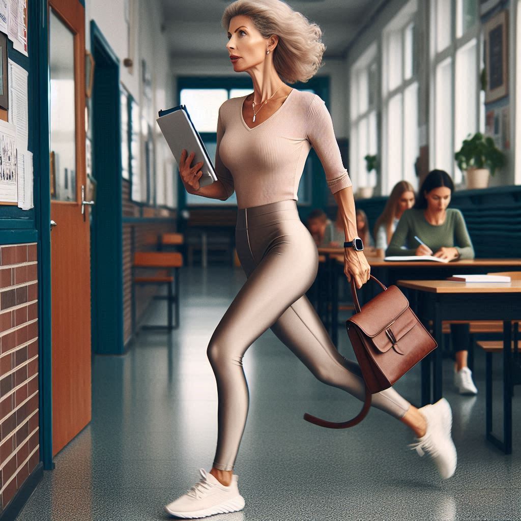 Say Goodbye to Boring Teacher Outfits Over 40 Efficient teacher over 40 in stretchy ponte pants and a crossbody bag, ready for quick transitions.