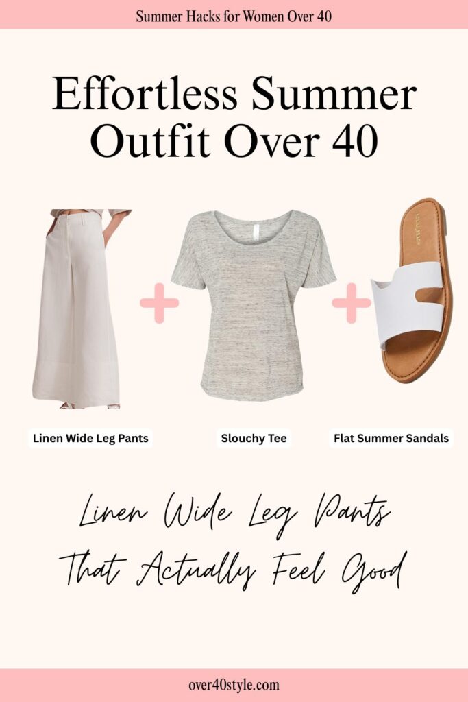 12 Effortless Wide Leg Pants Outfits for a Hot Summer Over 40 Flat lay of a summer outfit with linen wide leg pants, a slouchy t-shirt, and sandals, styled for comfort and ease.