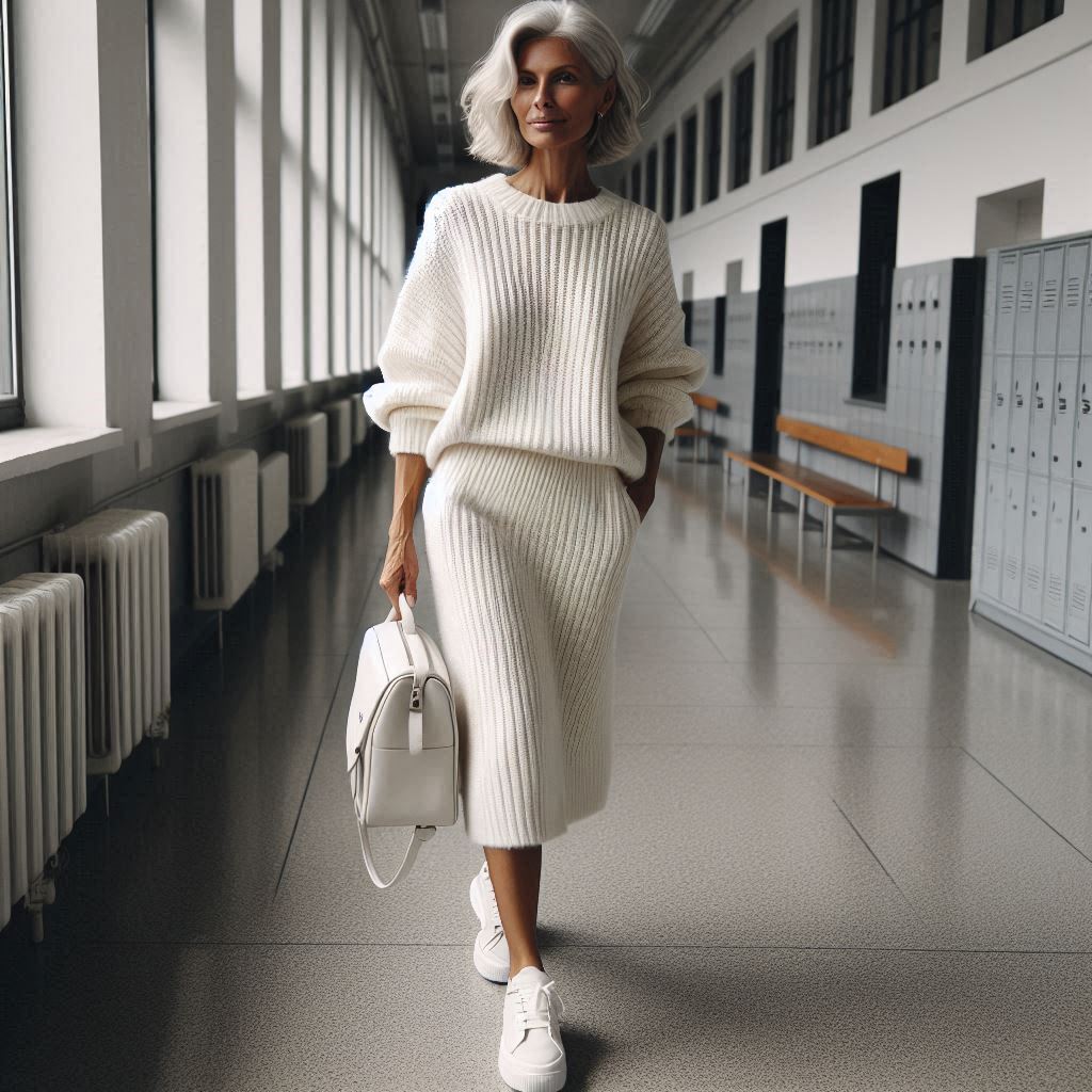 Say Goodbye to Boring Teacher Outfits Over 40 Elegant teacher over 40 in a monochrome knit set, reflecting the minimalist professional style.