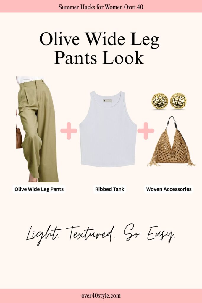 12 Effortless Wide Leg Pants Outfits for a Hot Summer Over 40 Flat lay of an earthy summer outfit with olive wide leg pants, a ribbed tank top, and woven accessories like a rattan bag and earrings.