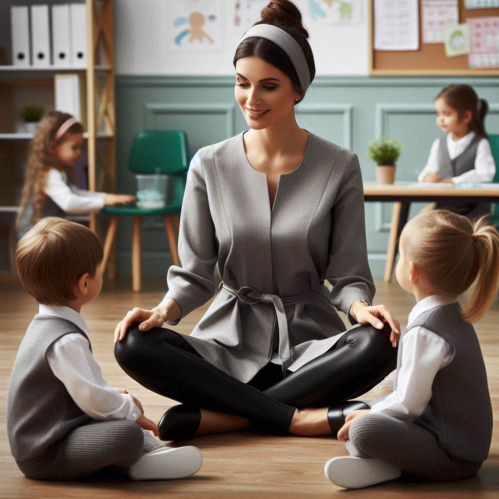 Say Goodbye to Boring Teacher Outfits Over 40 Hands-on teacher over 40 in a tunic and leggings, suitable for active classroom engagement.
