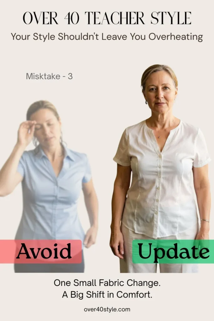 Side-by-side image of a teacher over 40. On the left, she wears a fitted synthetic summer blouse, visibly overheated and uncomfortable, wiping sweat or pulling at the fabric. On the right, she wears a breathable cotton or linen top, smiling gently and looking refreshed and confident. The image illustrates a common summer clothing mistake—choosing heat-trapping fabrics—and the impact of switching to natural, breathable materials. Ideal for style guides and wardrobe tips for teachers over 40 during hot weather.