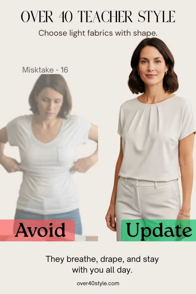 18 Summer Clothing Mistakes Teachers Over 40 Should Avoid Side-by-side image of a female teacher over 40 in a classroom. On the left, she wears a thin, clingy summer top that has lost its shape — visibly wrinkled and drooping. On the right, she wears a structured cotton or linen blend blouse that holds its shape with a clean drape. She appears confident, comfortable, and polished. This comparison highlights how fabric quality can affect summer outfits for teachers over 40, emphasizing support and lasting structure throughout the day.