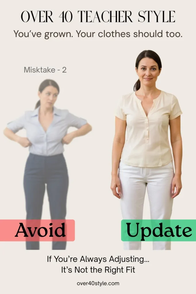 Side-by-side image of a teacher over 40. On the left, she adjusts a tight, uncomfortable summer outfit with a tense expression — highlighting the common mistake of wearing clothes that no longer fit. On the right, the same teacher wears a well-fitted, relaxed outfit and stands confidently, showing the difference the right fit makes in comfort and classroom presence. Ideal for content on summer clothing mistakes and wardrobe solutions for women teachers over 40.