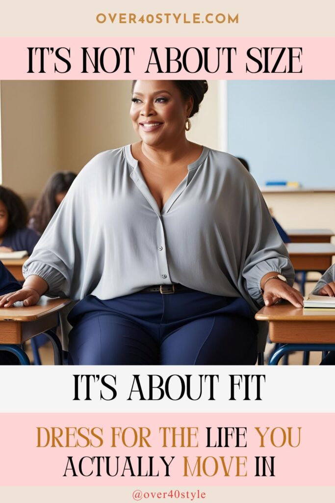 5 Summer Style Solutions for Plus-Size Teachers Over 40 Plus-size teacher over 40 sitting comfortably in relaxed-fit blouse and stretch pants at school desk, representing real-world style and proper fit