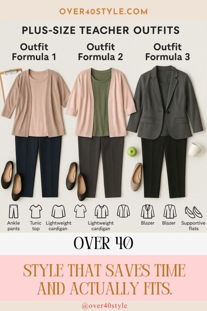 5 Summer Style Solutions for Plus-Size Teachers Over 40 Flat lay of three plus-size teacher outfit formulas including stretch pants, tunics, cardigans, and flats for women over 40