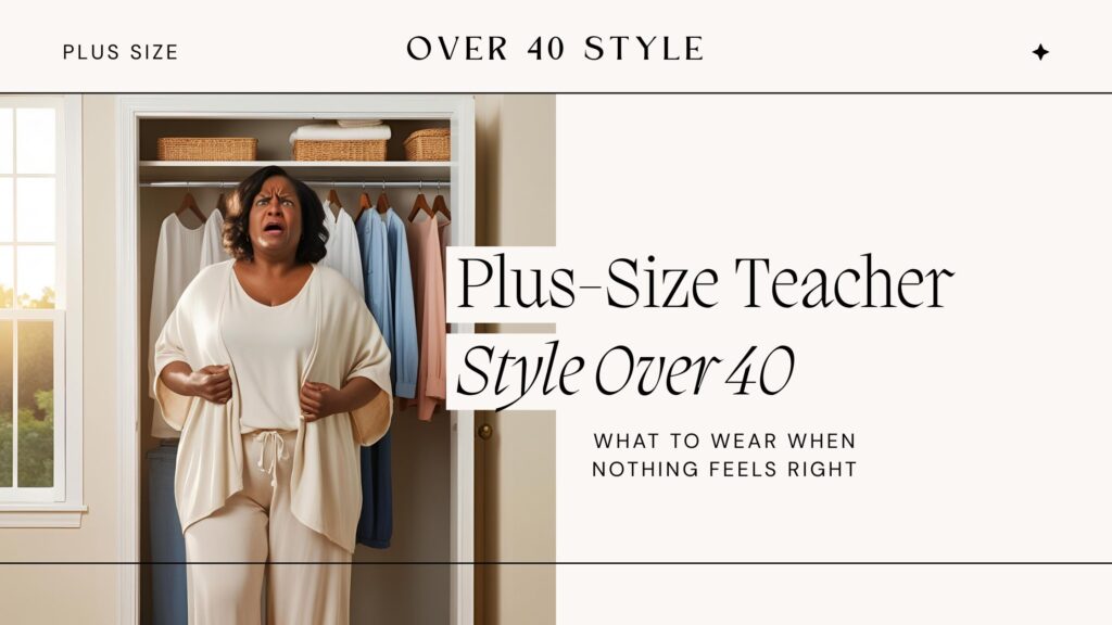 Plus-size teacher over 40 standing in front of closet, unsure what to wear