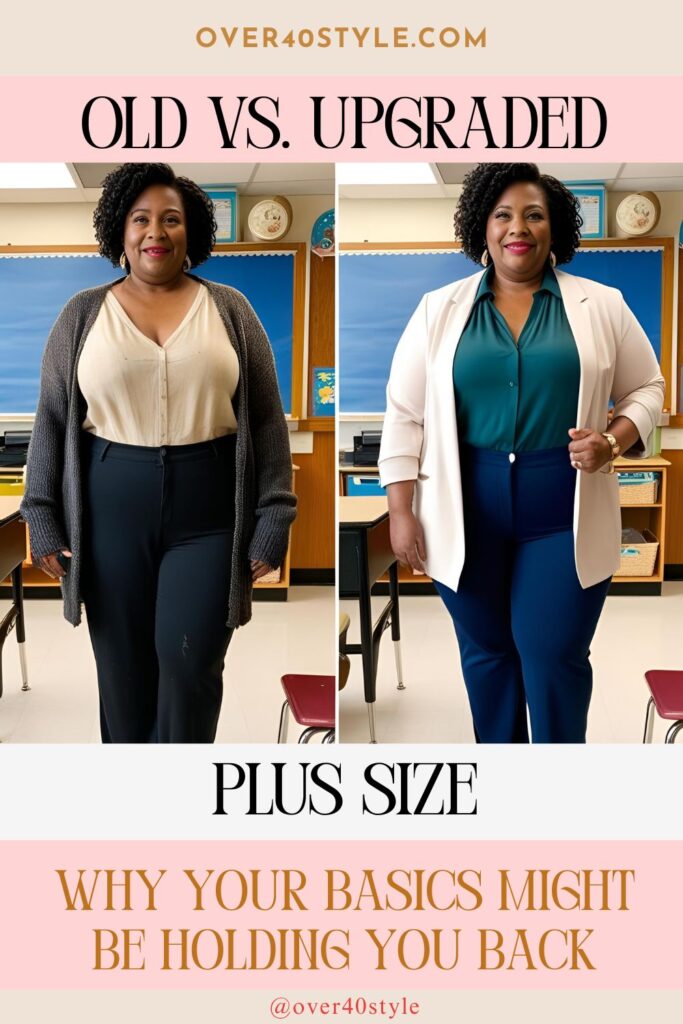 5 Summer Style Solutions for Plus-Size Teachers Over 40 Side-by-side comparison of outdated vs upgraded basics for plus-size teachers over 40, showing improved fit with ponte trousers and flattering blouse