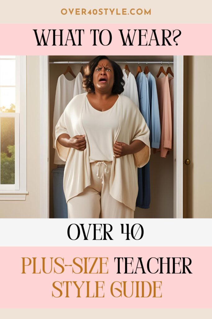 5 Summer Style Solutions for Plus-Size Teachers Over 40 Plus-size teacher over 40 looking unsure in front of closet full of summer clothes, symbolizing wardrobe frustration and style transition