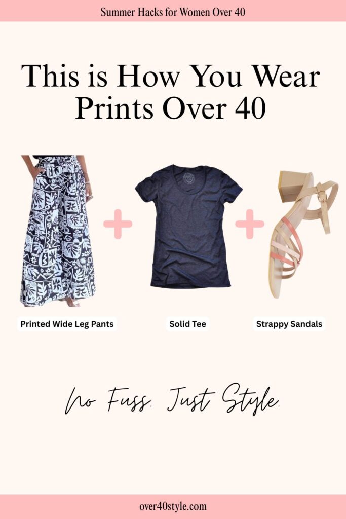 12 Effortless Wide Leg Pants Outfits for a Hot Summer Over 40 Flat lay of a summer outfit with printed wide leg pants, a solid colored tee, and strappy sandals for women over 40.