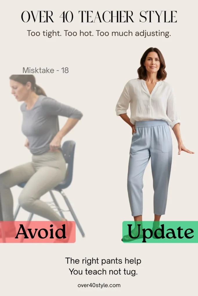 18 Summer Clothing Mistakes Teachers Over 40 Should Avoid Female teacher over 40 wearing breathable, wide-leg cotton-linen summer pants in a classroom setting. The pants have a pull-on waistband and a soft, structured fit that allows movement and all-day comfort. She looks relaxed, confident, and professionally styled for a warm school day. This image highlights the importance of choosing lightweight, non-clingy pants for teachers over 40 seeking classroom-ready comfort and style.