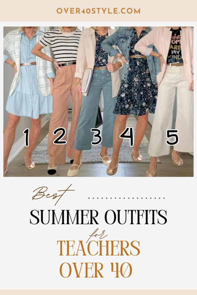 Teacher Outfits Over 40 That Actually Work for Summer Five versatile summer outfits for a teacher over 40 styled from the same core dresses, demonstrating practical capsule wardrobe combinations for confident classroom style.