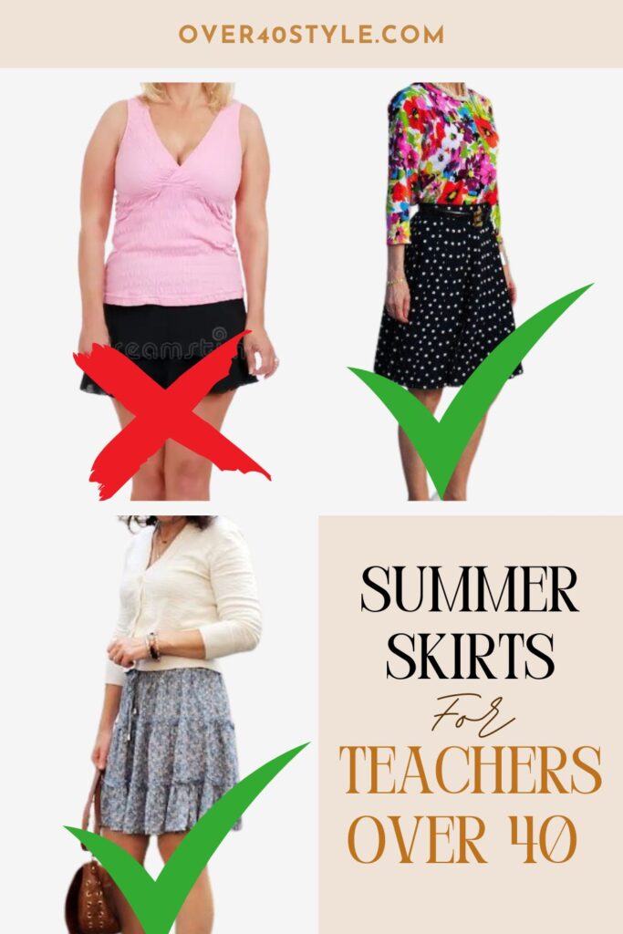 Teacher Outfits Over 40 That Actually Work for Summer Teacher over 40 testing a summer midi skirt by sitting at her classroom desk, ensuring it's comfortable and classroom-ready — part of practical summer teacher outfits over 40.