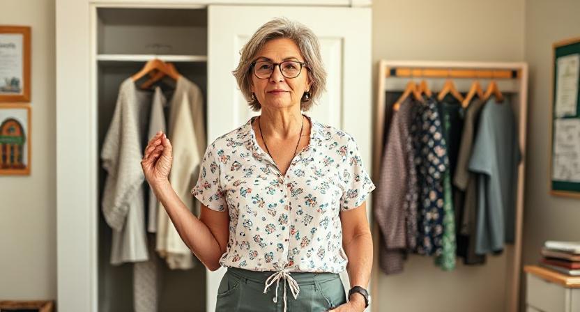 Teacher over 40 choosing between two summer outfits, reflecting on wardrobe evolution and personal style in a classroom setting.