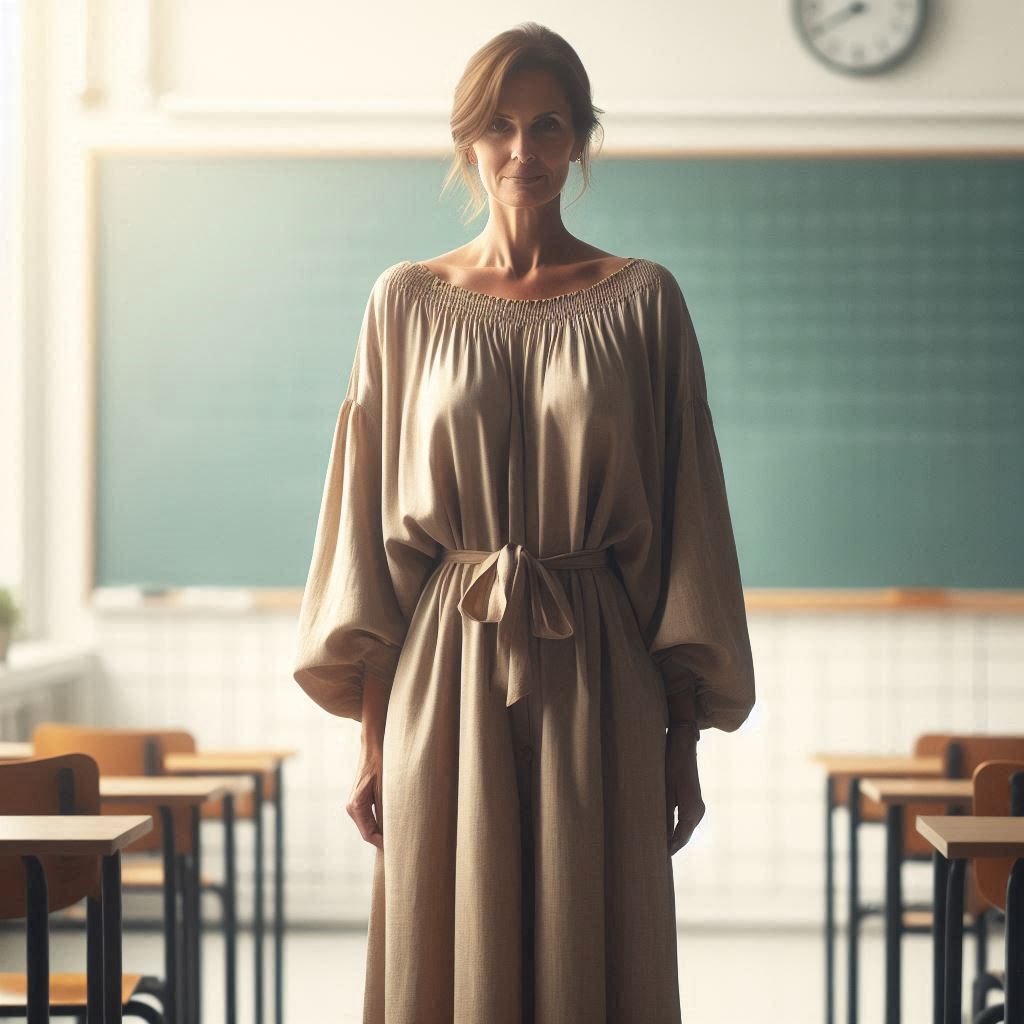 Over 40? Summer Clothing Mistakes Teachers Should Avoid Female teacher over 40 wearing shapeless flowy clothes in a classroom, reflecting a loss of structure in summer wardrobe style.