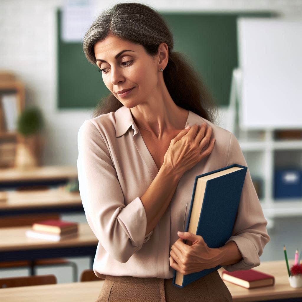 Over 40? Summer Clothing Mistakes Teachers Should Avoid Teacher over 40 adjusting parts of her summer outfit while teaching, showing how distracting clothing can interrupt professional presence.