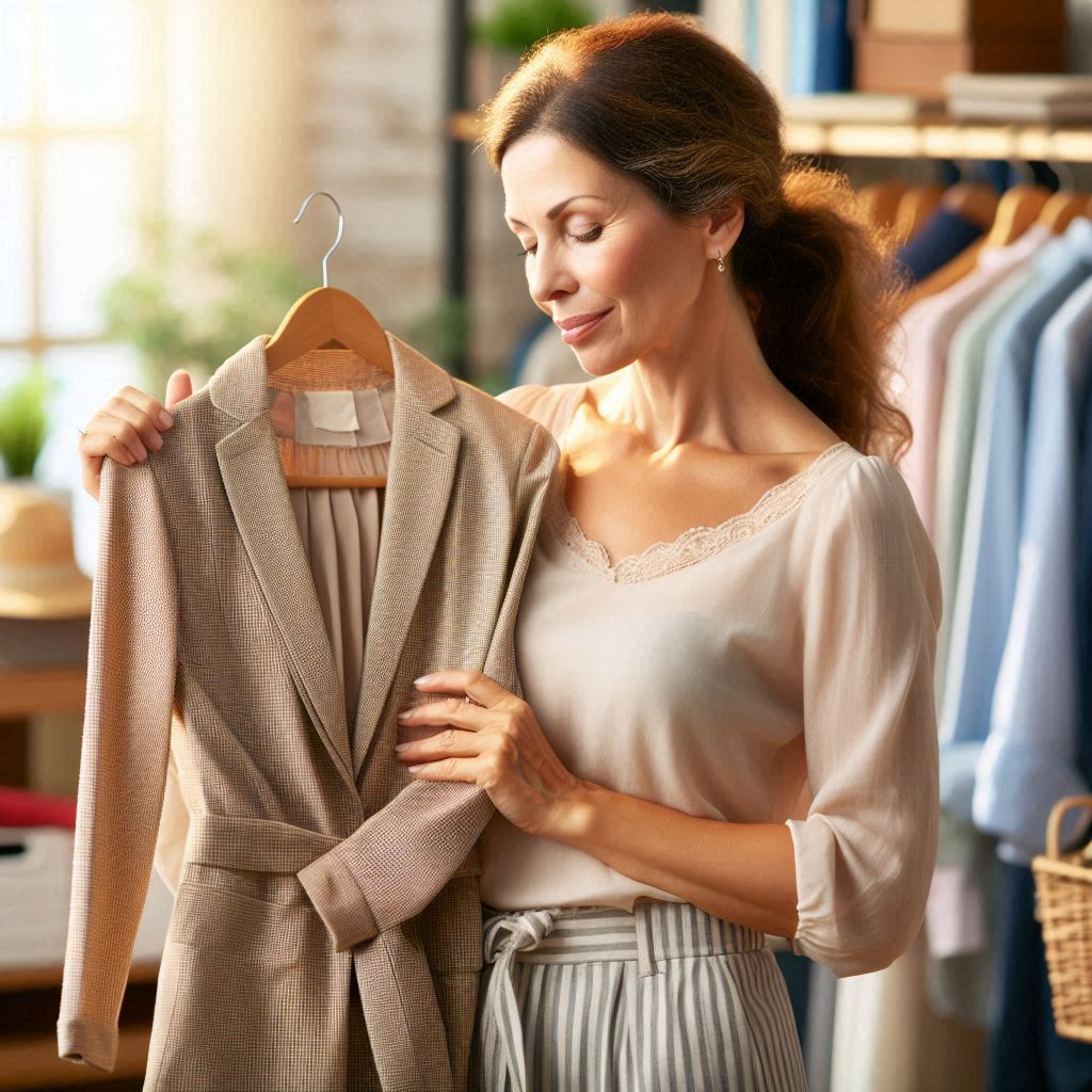 Over 40? Summer Clothing Mistakes Teachers Should Avoid Teacher over 40 reflecting on an old summer outfit that no longer feels like her, representing growth and evolving personal style.
