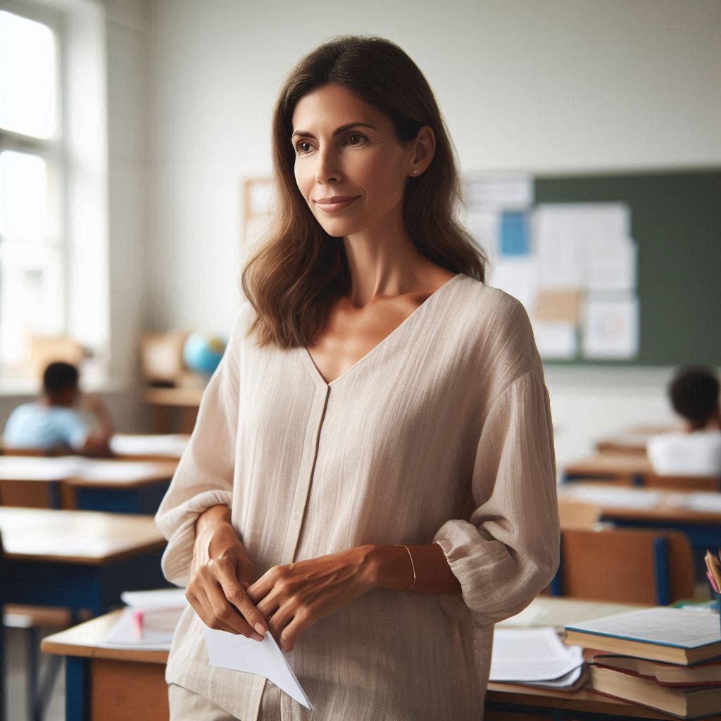 Over 40? Summer Clothing Mistakes Teachers Should Avoid Teacher over 40 wearing a soft summer blouse that appears relaxed by mid-day, reflecting how thin fabrics can lose shape in a classroom setting.