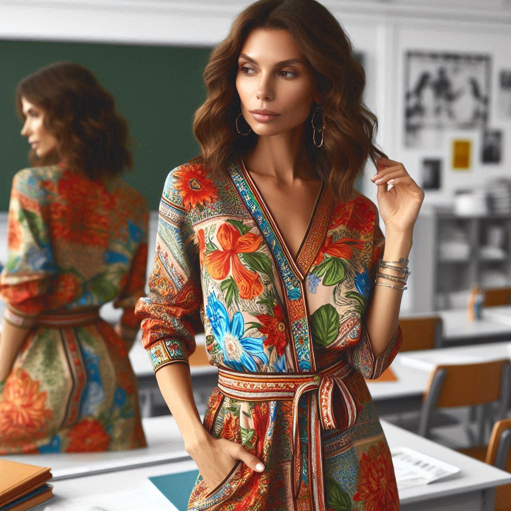 Over 40? Summer Clothing Mistakes Teachers Should Avoid Teacher over 40 wearing a bright, bold-patterned outfit in a classroom, reflecting on whether the style supports or distracts from her presence.