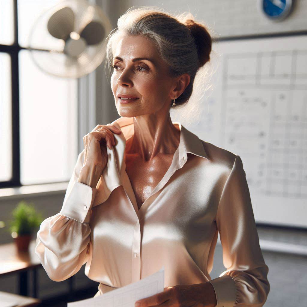 Over 40? Summer Clothing Mistakes Teachers Should Avoid Overheated female teacher over 40 in a synthetic blouse wiping sweat during summer school day.