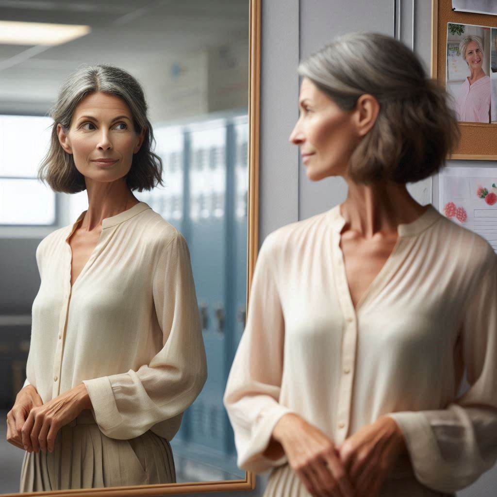 Over 40? Summer Clothing Mistakes Teachers Should Avoid Teacher over 40 noticing her white blouse looks off-white or faded under classroom lighting, reflecting on summer wardrobe choices.