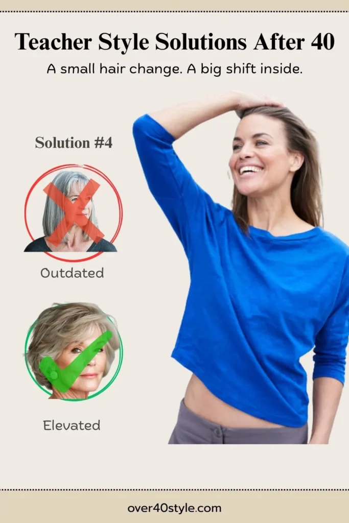 20 Style Mistakes Female Teachers Over 40 Should Avoid Why does tying your hair the same way every day affect your confidence after 40?
This image shows a female teacher over 40 in front of a mirror with her hair in a repetitive, practical style like a claw clip or low ponytail. Her expression is thoughtful, hinting at self-reflection. Text overlay says: “The Same Hair Every Day… Started to Feel Like Hiding.” The image explores how even subtle hair habits can quietly impact identity and presence.