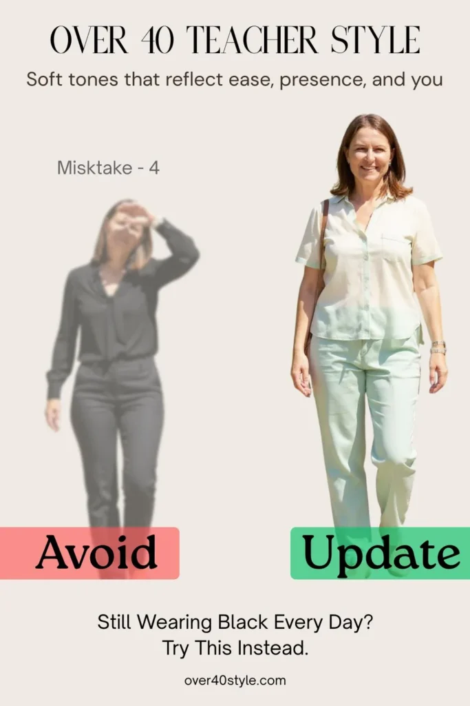 Side-by-side image of a female teacher over 40. On the left, she wears an all-black summer outfit in harsh sunlight, appearing slightly overheated and tense. On the right, she wears a light-colored, breathable blouse in a soft tone like sage or ivory, smiling happily and looking visibly refreshed. This visual illustrates a common summer style mistake — relying on black in hot weather — and the benefit of choosing lighter, season-appropriate colors for comfort and professional presence. Ideal for blog posts on summer clothing tips for teachers over 40.