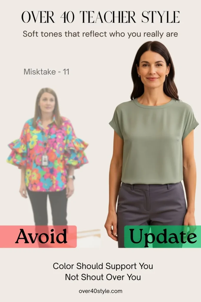 18 Summer Clothing Mistakes Teachers Over 40 Should Avoid Side-by-side image of a female teacher over 40 in a classroom. On the left, she wears a loud, oversized neon floral blouse that visually overpowers her, with a slightly unsure expression. On the right, she wears a soft, solid-colored blouse in a muted tone like sage green or dusty rose, looking calm and confident. This image highlights a common style habit — overcompensating with bright prints — and shows how softer, intentional colors can better support presence and professionalism for teachers over 40.