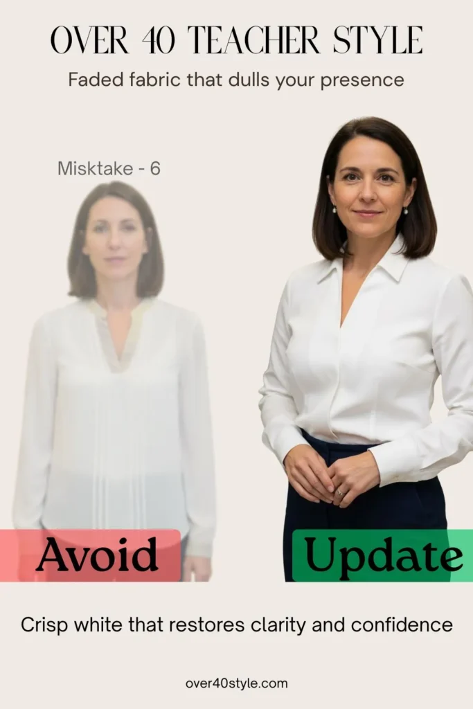 Side-by-side image of a female teacher over 40. On the left, she wears a faded white blouse that looks slightly beige or gray under bright classroom lighting, showing signs of wear and dullness. On the right, she wears a crisp, clean white blouse that enhances her presence, with a confident smile and fresh appearance. This visual highlights a common summer clothing mistake — not noticing when white fabrics fade — and shows the renewed impact of choosing brighter, well-maintained wardrobe staples. Ideal for style tips and outfit updates for teachers over 40.