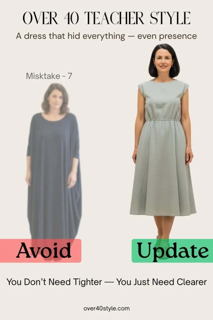 Side-by-side image of a female teacher over 40. On the left, she wears an oversized, flowy kaftan-style summer dress that hangs straight and hides her shape, with a neutral expression in a school hallway. On the right, she wears a cotton-linen midi dress with a softly defined waist and an A-line skirt, smiling confidently with upright posture. This visual highlights the difference between shapeless comfort and soft structure, showing how outfit shape impacts presence and confidence for teachers over 40.
