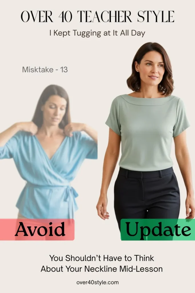 18 Summer Clothing Mistakes Teachers Over 40 Should Avoid Side-by-side image of a female teacher over 40 in a classroom setting. On the left, she’s wearing a rayon wrap-style summer blouse with a loose, gaping neckline, tugging it upward with a slightly uncomfortable expression. On the right, she wears a cotton-modal boat neck top in a similar light tone, looking confident and focused with no need for adjustments. This comparison shows how switching to a secure neckline helps teachers over 40 stay comfortable and polished throughout hot school days