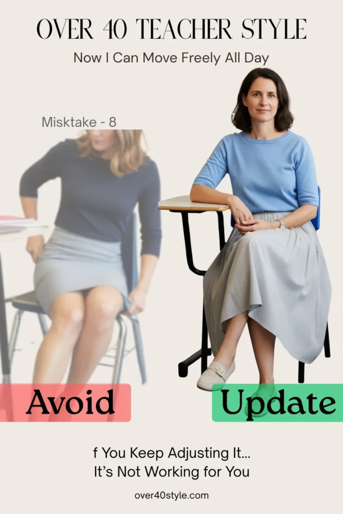 Side-by-side image of a female teacher over 40 sitting at a classroom desk. On the left, she wears a knee-length pencil skirt that rides up as she sits, adjusting it with a distracted expression. On the right, she wears a comfortable midi-length A-line skirt that stays in place, looking relaxed, focused, and confident. This image highlights the difference in outfit function when sitting — a common summer wardrobe issue for teachers — and how switching to movement-friendly skirts can improve comfort and presence.
