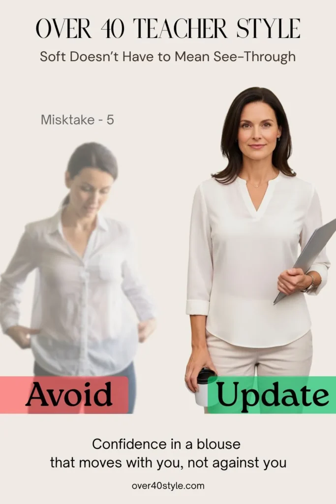 Side-by-side image of a female teacher over 40. On the left, she wears a thin, worn summer blouse that has become unintentionally sheer under classroom lighting, looking subtly uncomfortable. On the right, she wears a structured, fully lined blouse in a soft tone like blush or light blue, smiling confidently with open posture. This image highlights a common summer clothing mistake — wearing fabric that thins over time — and shows the style upgrade of choosing higher-quality, fully covered pieces for comfort and confidence in a professional setting.