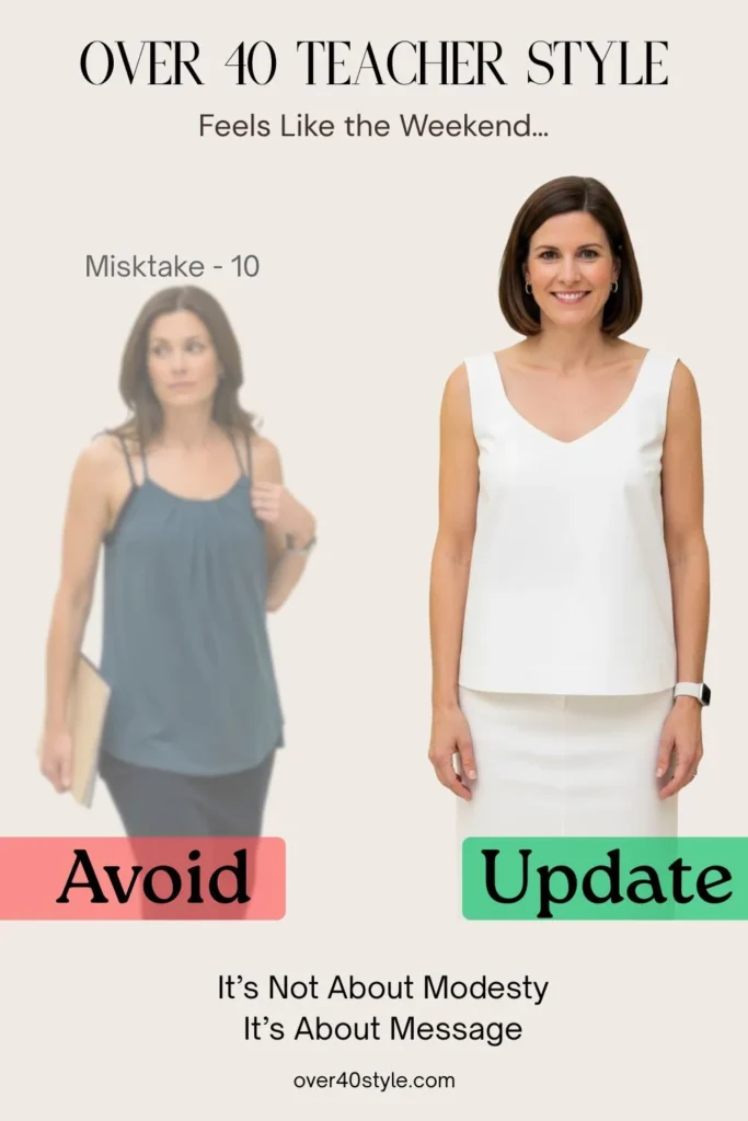 18 Summer Clothing Mistakes Teachers Over 40 Should Avoid Side-by-side image of a female teacher over 40 in a school hallway. On the left, she wears a casual sleeveless top with thin spaghetti straps and racerback cut, appearing slightly self-conscious in a classroom setting. On the right, she wears a structured sleeveless blouse with wide shoulder straps and a modest neckline, standing confidently and looking composed. This image illustrates a common summer style issue — wearing strap styles better suited for weekends — and shows how small wardrobe adjustments can support comfort and presence for teachers over 40.