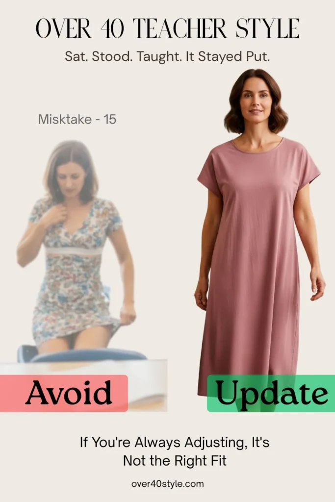 18 Summer Clothing Mistakes Teachers Over 40 Should Avoid Side-by-side image of a female teacher over 40 in a classroom. On the left, she wears a synthetic summer dress that clings and rides up as she adjusts it with a distracted expression. On the right, she’s in a structured cotton midi dress that fits securely, stays in place, and allows easy movement. Her posture is confident, and she appears comfortable and focused. This comparison highlights how fabric and structure can transform summer dress comfort for teachers over 40.