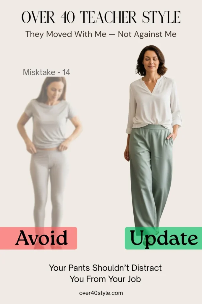 18 Summer Clothing Mistakes Teachers Over 40 Should Avoid Side-by-side image of a female teacher over 40 in a warm classroom. On the left, she wears tight, synthetic-blend pants that cling uncomfortably to her legs, with a tense expression as she adjusts the fabric. On the right, she’s in breathable cotton-linen wide-leg pants that drape naturally, looking calm, confident, and at ease. The comparison highlights the difference summer fabric choices make for teachers over 40 seeking comfort, mobility, and professional presence.