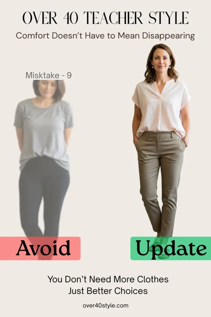 18 Summer Clothing Mistakes Teachers Over 40 Should Avoid Side-by-side image of a female teacher over 40 in a classroom. On the left, she wears a loose gray T-shirt and stretched black leggings, appearing neutral and low-energy in a casual, repetitive outfit. On the right, she wears a light short-sleeve blouse tucked into high-rise tapered khaki pants, smiling gently with upright posture. The image highlights a common summer wardrobe habit — wearing the same comfortable outfit daily — and shows how a simple outfit upgrade can restore confidence and presence for teachers over 40.