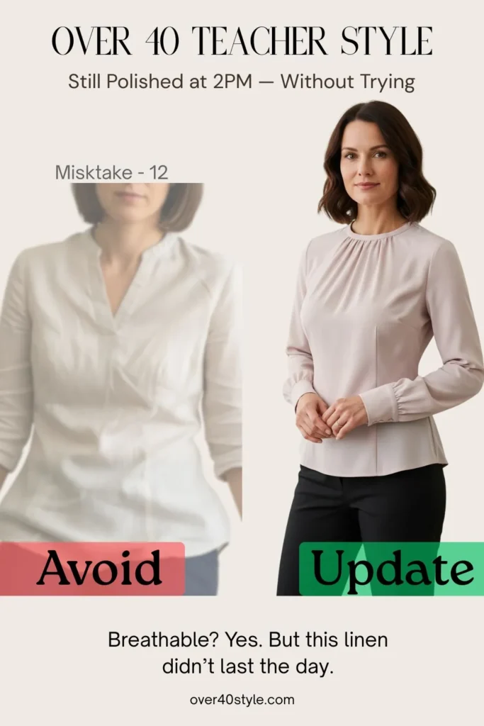 18 Summer Clothing Mistakes Teachers Over 40 Should Avoid Side-by-side image of a female teacher over 40 in a classroom wearing two similar light blouses. On the left, her 100% linen blouse is visibly wrinkled, especially at the sleeves and torso, with a slightly tired expression. On the right, she wears a wrinkle-resistant cotton-modal blouse in a similar color, looking fresh, confident, and polished. The comparison highlights how choosing better summer fabrics helps women over 40 teachers stay comfortable and present all day.