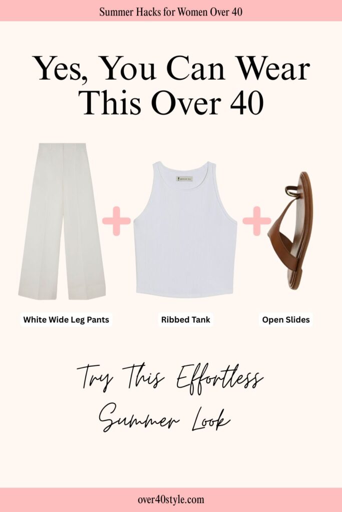12 Effortless Wide Leg Pants Outfits for a Hot Summer Over 40 Flat lay of a summer outfit with white wide leg pants, a ribbed tank top, and open slides.