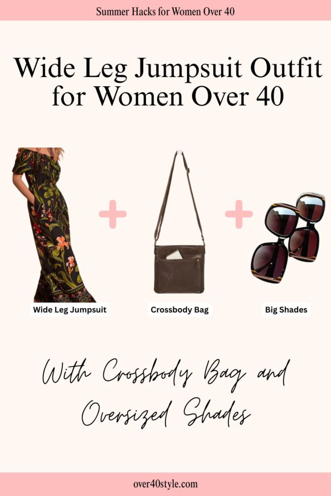 12 Effortless Wide Leg Pants Outfits for a Hot Summer Over 40 Flat lay of a casual summer outfit with a wide leg jumpsuit, crossbody bag, and oversized sunglasses, styled for women over 40.
